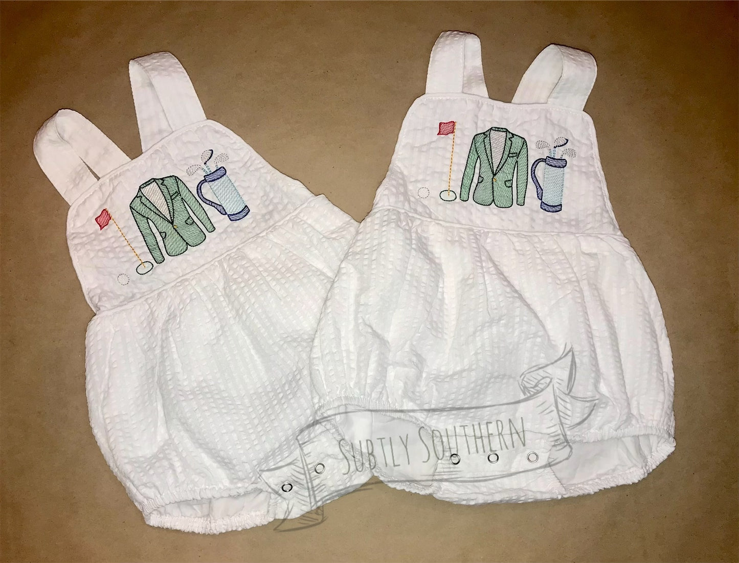 Ready to ship! Size 18m - Green Jacket Golf Trio Seersucker Sunsuit