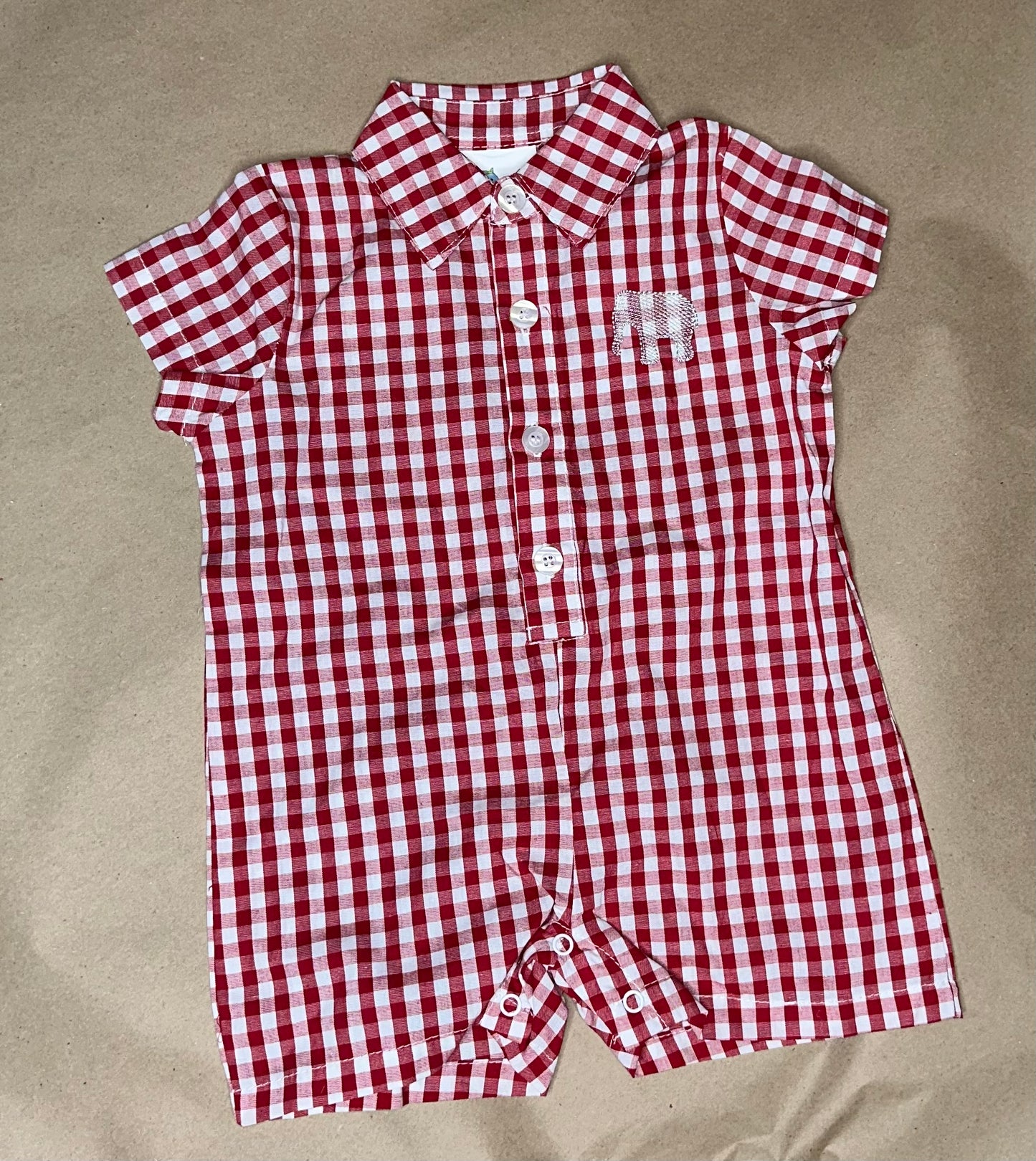 Ready to ship! Size 12m - Mini Elephant Crimson Gingham Romper