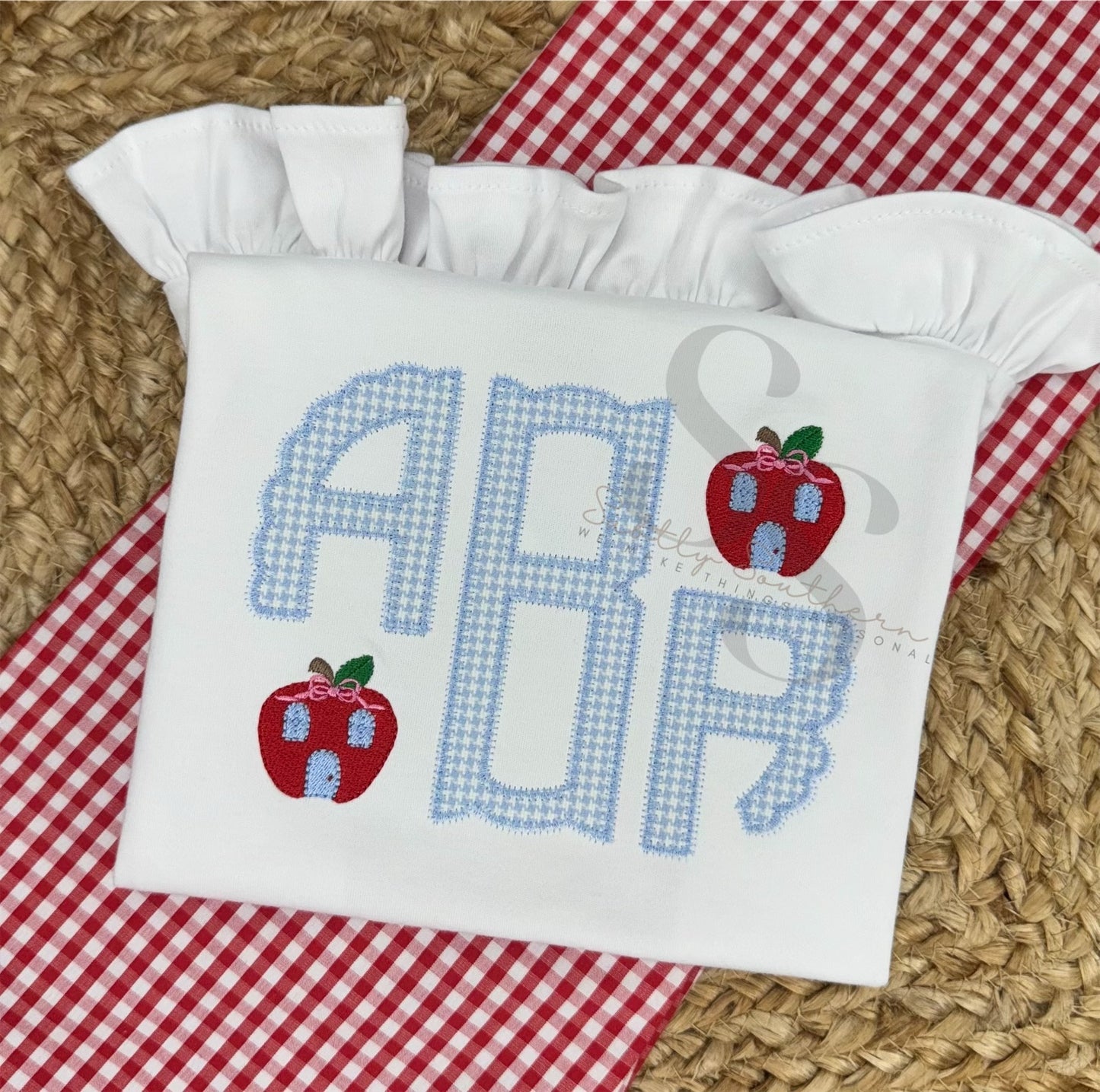 Mini Apple Schoolhouse with Bows Monogrammed Shirt