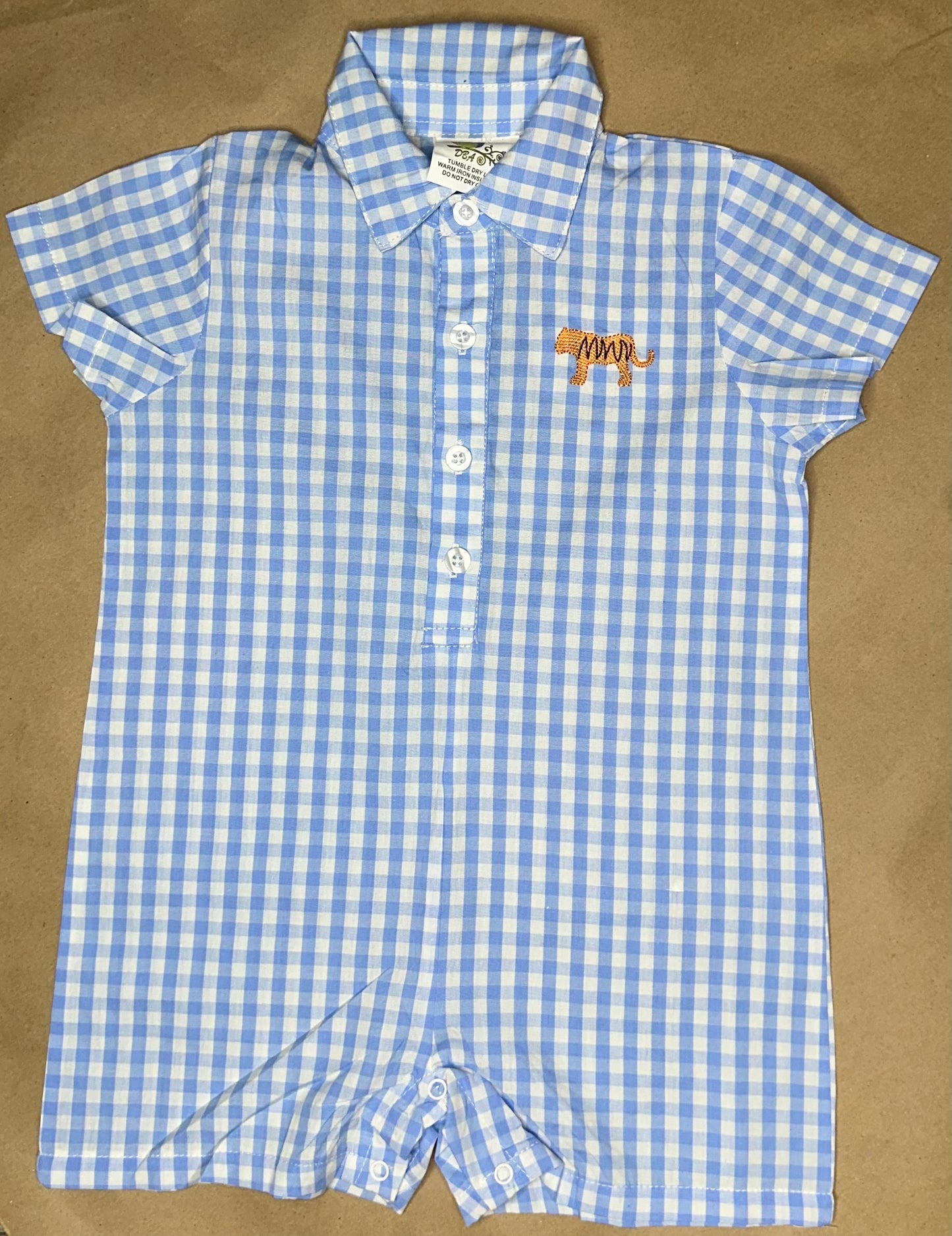 Ready to ship! Size 3T - Mini Tiger Light Blue Gingham Romper
