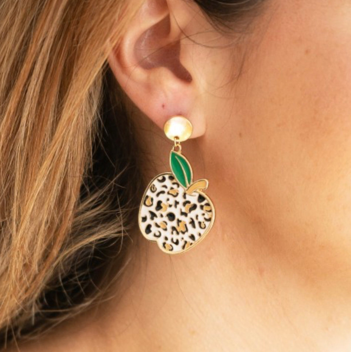 Leopard Print Apple Enamel Earrings