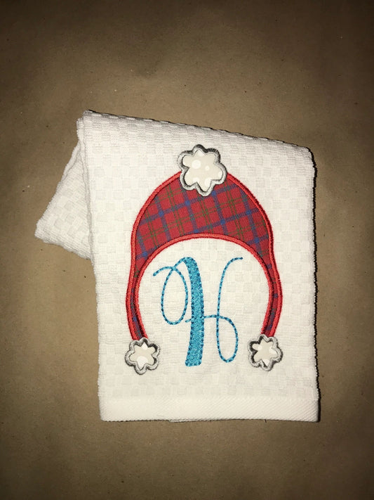Winter Hat Monogram Appliqué Kitchen Towel