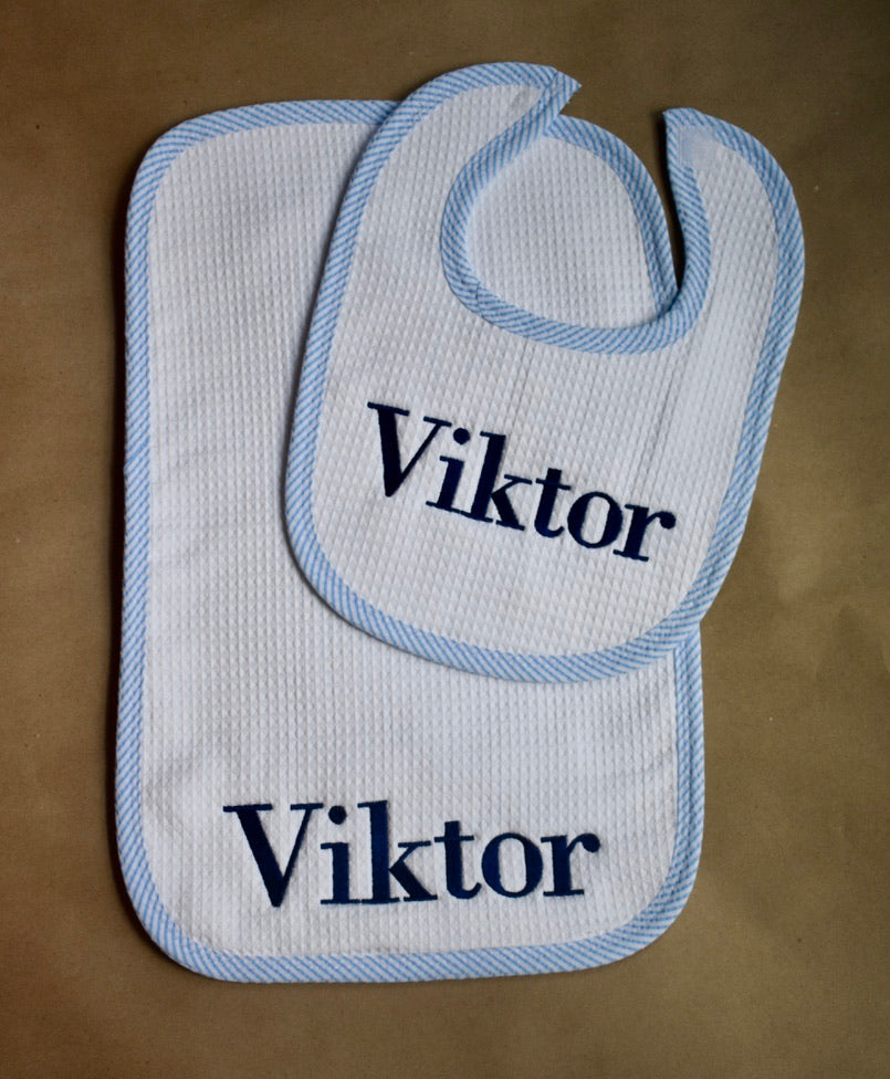 Monogrammed Seersucker Trimmed Bib & Burp Cloth Set