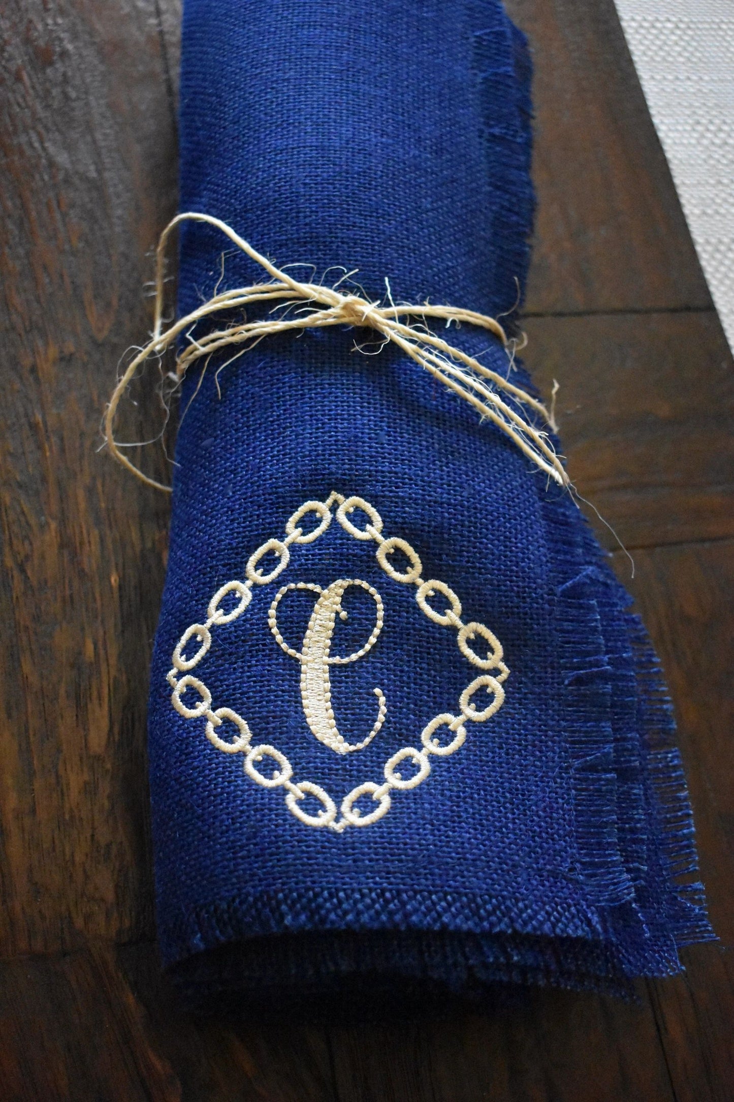 Monogrammed Navy Burlap Fringe Placemats