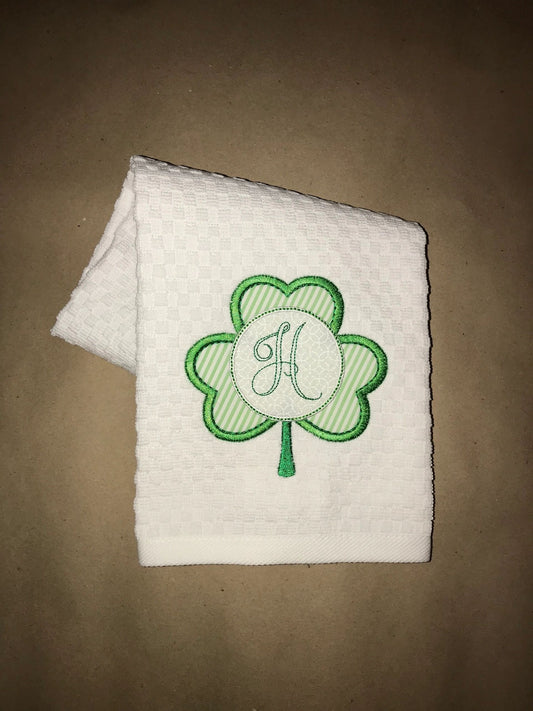 St. Patrick's Day Shamrock Monogram Appliqué Kitchen Towel