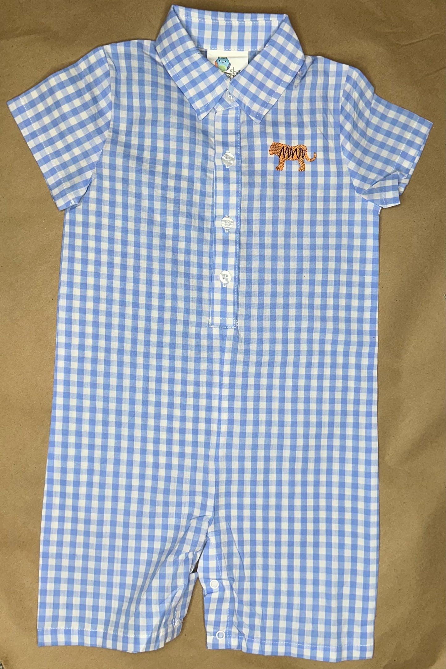 Ready to ship! Size 4T - Mini Tiger Light Blue Gingham Romper