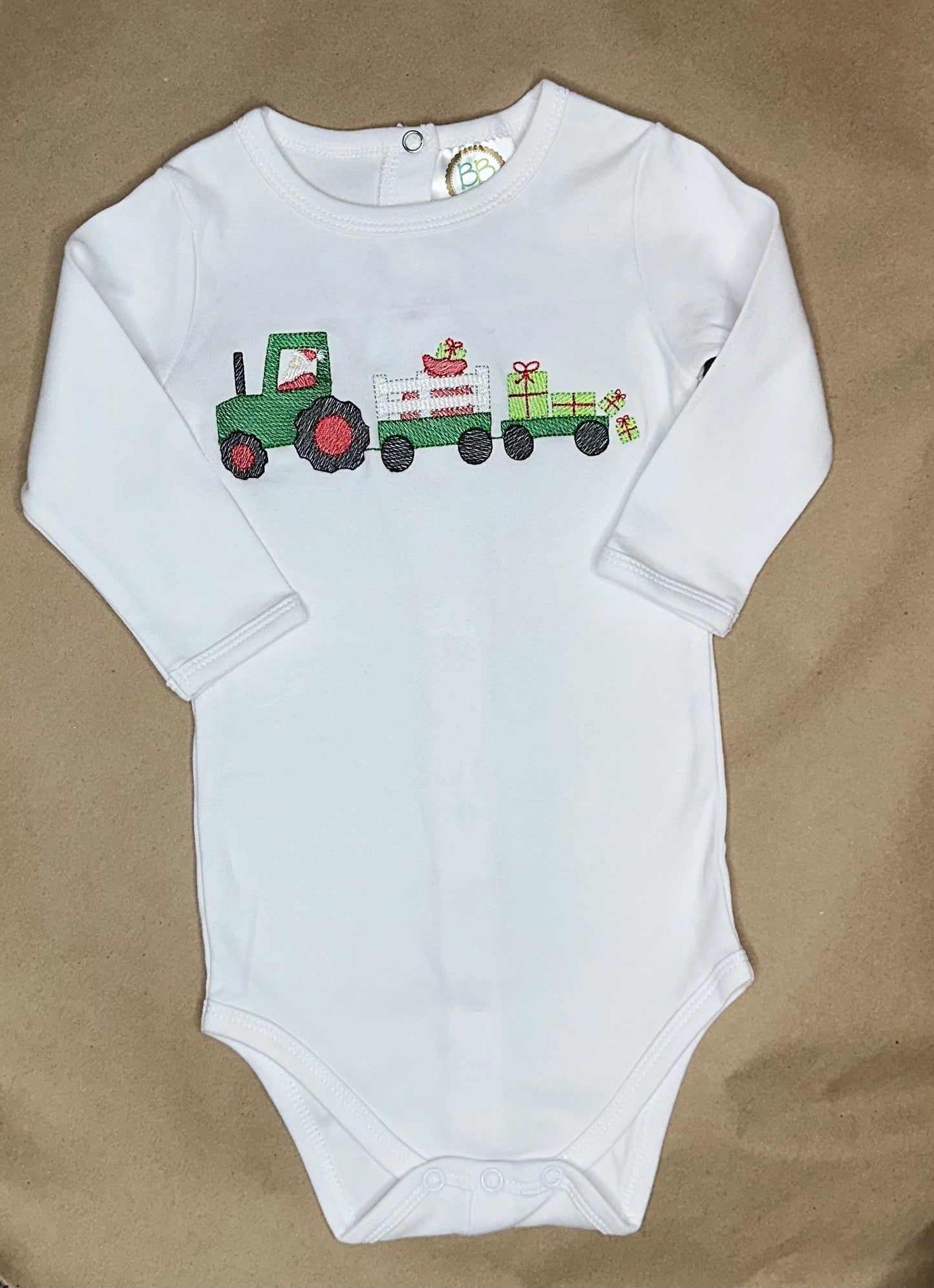 Ready to ship! Size 12m - Christmas Tractor Long Sleeve Bodysuit