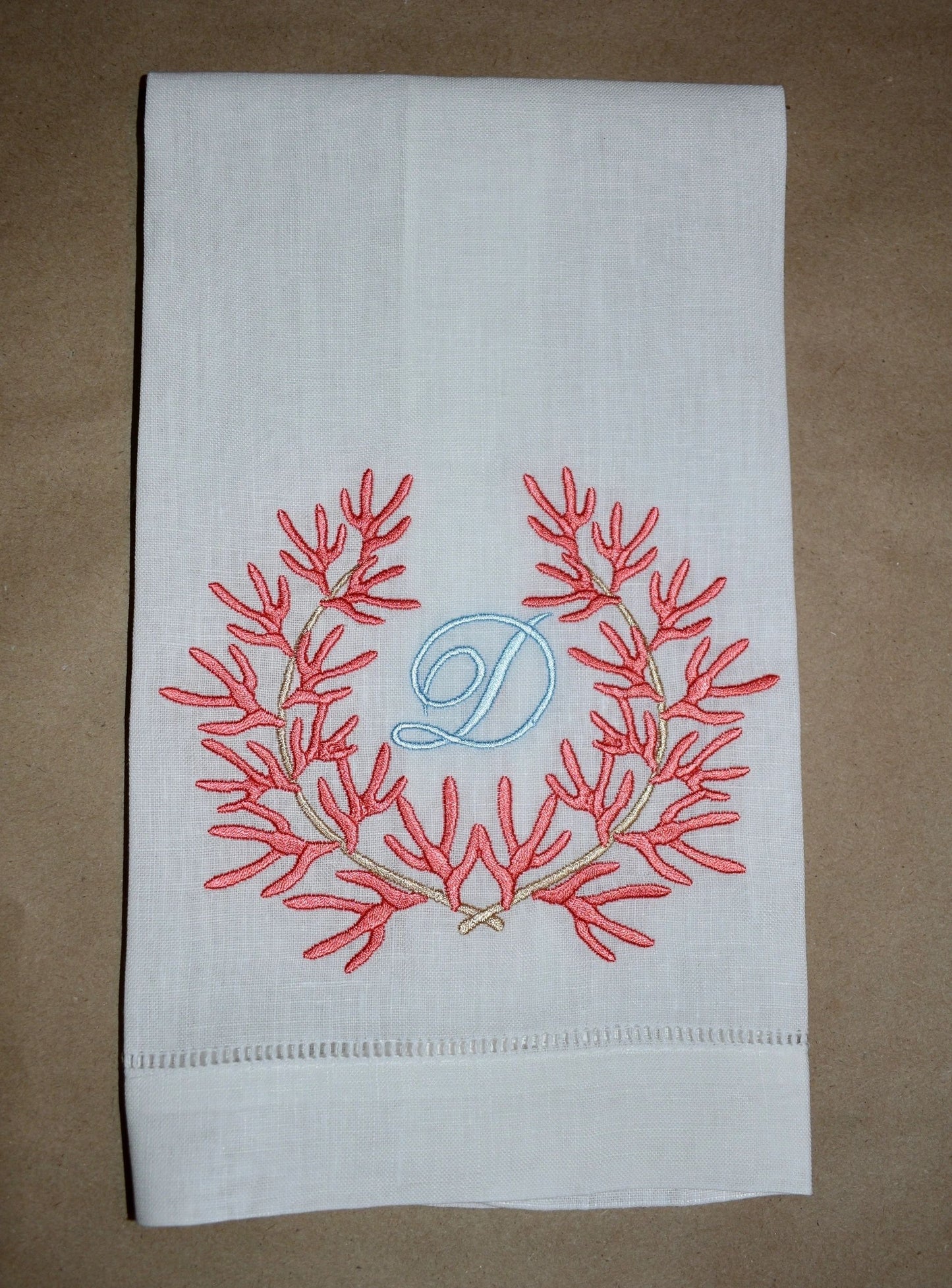 Coral Wreath Monogram Frame Tea Towel