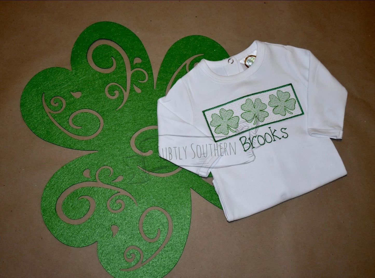 St. Patrick’s Day Clover Trio Faux Smock Shirt