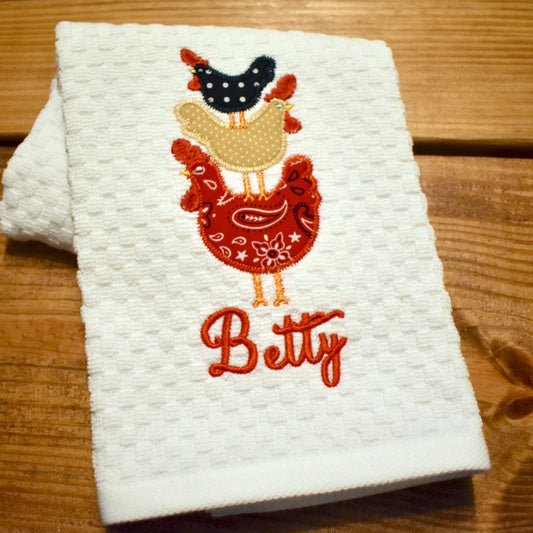 Stacked Chickens Appliqué Kitchen Towel