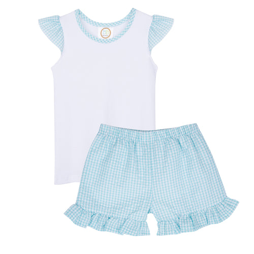Gingham Scallop Monogram Appliqué Flutter Sleeve Top and Shorts
