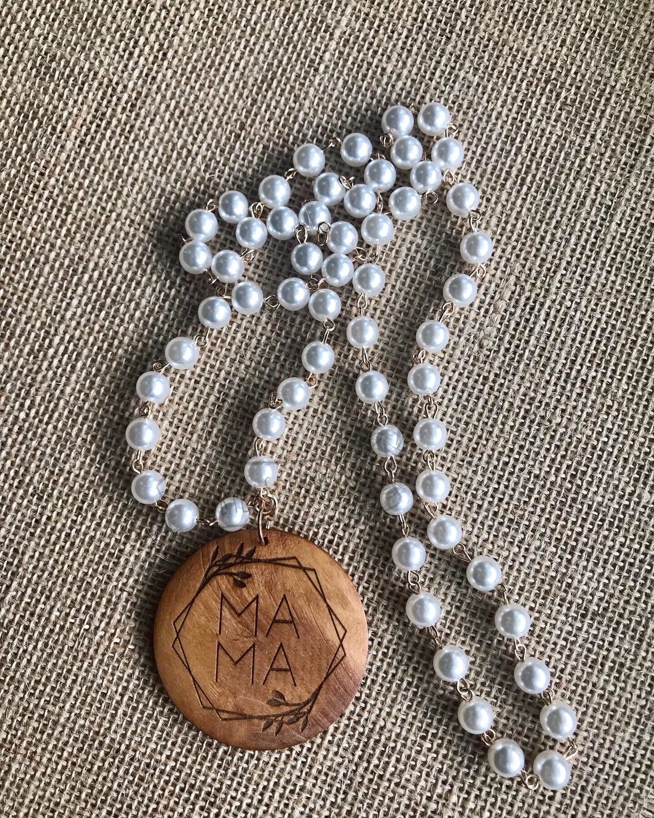 Personalized Wooden Pendant Pearl Necklace