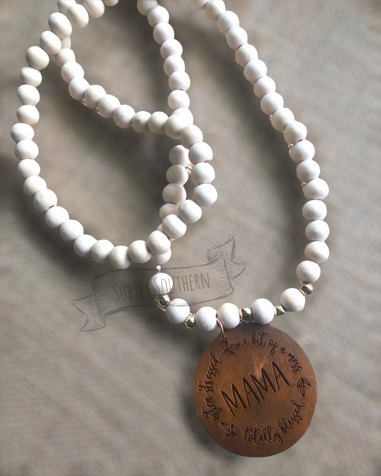 Personalized Wooden Pendant Ivory Beaded Necklace
