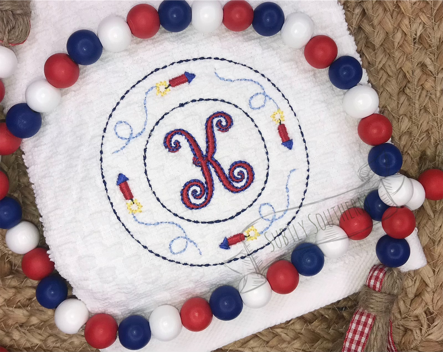 Patriotic Firecracker Circle Monogram Frame Towel