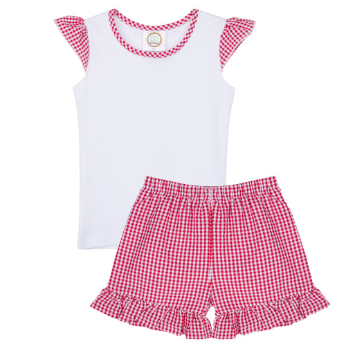 Gingham Scallop Monogram Appliqué Flutter Sleeve Top and Shorts