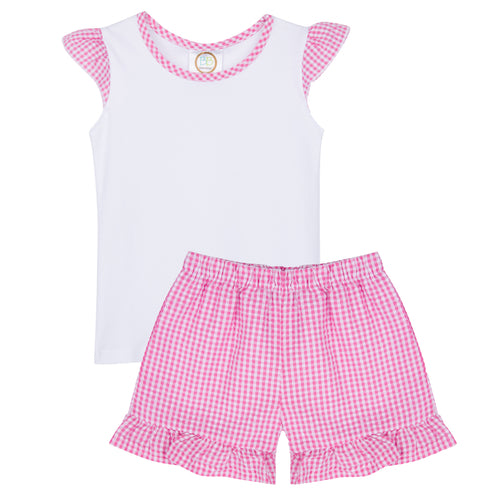 Gingham Scallop Monogram Appliqué Flutter Sleeve Top and Shorts